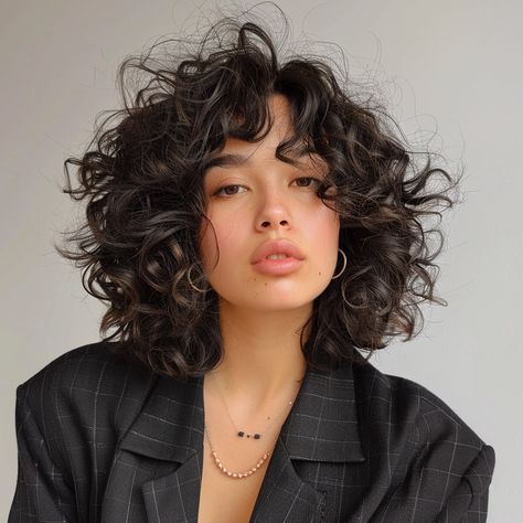 The Shoulder-Grazing Shag Bob Haircuts Thick Curly Hair, Face Framing Bangs Curly Hair, Curly Hair Bun Styles, Curly Hair Bob Haircut, Medium Curly Bob, Curly Hair Side Part, Shaggy Curly Hair, Curly Bob Haircut, Curly Bob Haircuts