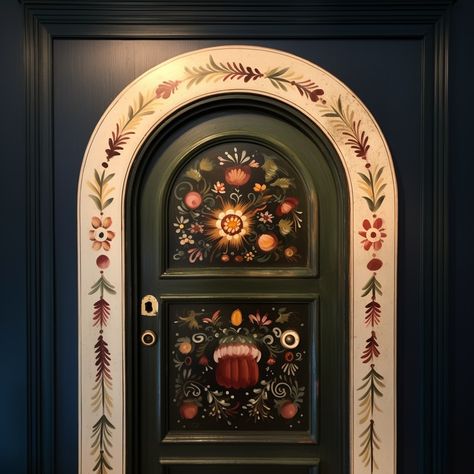 Artistic Doors Painted, Eclectic Door Design, Modern Folk Home Decor, Folk Art Fireplace, Mural Door Painted, Folk Art Doorway, Folk Art Kitchen Cabinets, Folk Art Inspiration, Creative Door Painting