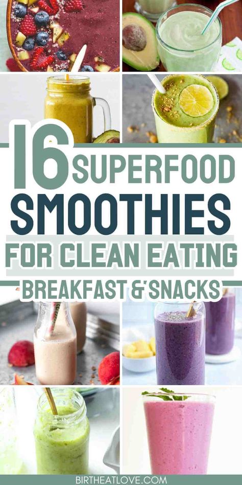 Blend up some unique superfood smoothie recipes for Summer. These healthy smoothies are loaded with super foods like chia, hemp seeds, acai, coconut and even tofu. Try these superfood smoothies for nutritious and delicious breakfasts or snacks. Great healthy drinks for clean eating diet. Clean Eating Smoothie Recipes, Whole Food Smoothies, Healthiest Smoothie Recipes, Clean Smoothie Recipes, Super Food Smoothies, Smoothie Chia Seeds, Meal Smoothies, Wellness Smoothie, Smoothie Superfood