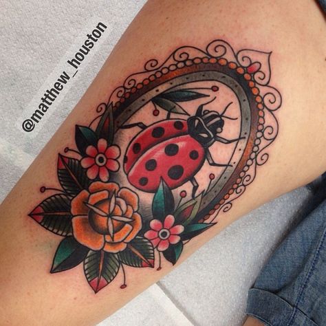 Old School Ladybug Tattoo, Ladybug Tattoo Traditional, American Traditional Ladybug, Traditional Ladybug Tattoo, Tattoo Filler Ideas, Insect Tattoos, Sick Tattoos, Chicken Tattoo, Ladybug Tattoo