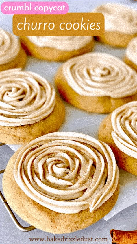 Copycat Crumbl Churro Cookies! They are a soft, tender, and chewy cookie topped with a swirl of churro inspired cinnamon-sugar buttercream. // Crumbl Cookie Copycat // Crumbl Cookies // Churro Cookies // Cinnamon Sugar Cookies // Chewy Cookies // Twisted Sugar Cookie Recipe, Churro Inspired Desserts, Copycat Crumbl Cookies, Crumbl Cookie Copycat, Churro Cookies, Crumbl Copycat, Cookies Cinnamon, Crumble Cookie Recipe, Crumble Cookie