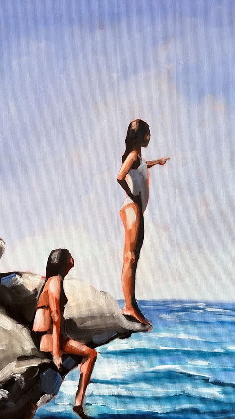 Two young female figures are on a rock's ledge overlooking the ocean. One points to a background of clear blue sky. Paintings Of The Sea, Things To Paint Acrylic, Summer Art Paintings, Prints To Paint, Paintings For Friends, Art Inspo Painting, Figure In Landscape, Best Friend Painting, Painting Of Ocean