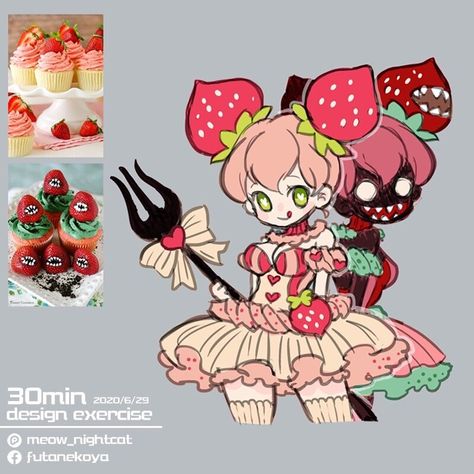 Food Inspired Character Design, Love Demon Art, Food Oc Drawing, Candy Themed Character Design, Cupcake Character Design, Strawberry Character Illustration, Mouse Girl Character Design, Magical Girl Oc Design, Strawberry Character Design