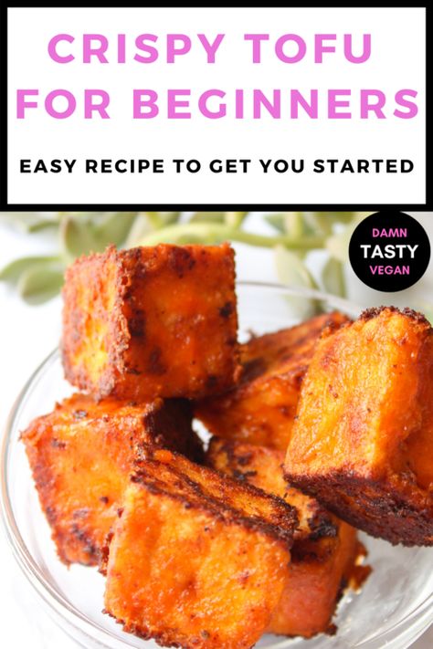 How to cook crispy tofu for beginners. Easy tofu recipe to get you started cooking with tofu. Quick, easy, healthy and delicious tofu recipe. High protein and easy to make. Easy crispy buffalo tofu recipe. Tofu is ready to go into a Thai curry, a buffalo tofu wrap, on top of a salad or in a buddha bowl. How to start cooking without meat. #vegan #vegetarian #buffalotofu #tofu #easyrecipe #cripsytofu www.DamnTastyVegan.com Tofu For Beginners, Pressing Tofu, Ways To Cook Tofu, Firm Tofu Recipes, Vegan Easy Recipes, Tofu Recipes Healthy, Cook Tofu, Tofu Recipes Easy, Cooking Tofu