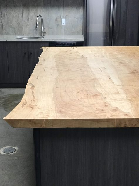 Raw Edge Island Countertop, Wood Island Countertop, Live Edge Bar Top, Live Edge Bar, Countertop Slabs, Wood Kitchen Island, Wood Countertops, Live Edge Wood, Black Kitchens