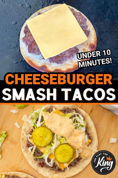 Blackstone Big Mac Smash Tacos, Big Mac Smashed Burger Taco, Smash Burger Big Mac, Black Stone Burger Recipe, Cheeseburger Tacos On Blackstone, Smash Burger On Griddle, Cheeseburger Smash Tacos, Quesadilla Burgers Blackstone, Ground Beef Recipes On Blackstone