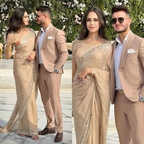 Wedding Coat For Men Groom Attire, Saree And Suit Combination Couple, Groom Reception Outfit Indian Suit, Blazer And Saree Couple, Reception Groom Outfit, Engagement Dress Code For Couple, Engagement Outfits Indian Couple Saree, Engagement Clothes For Couple, Beige Bollywood Saree For Reception