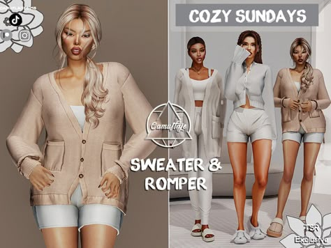 The Sims Resource - Cozy Sundays Loungewear Collection - Romper with a Sweater Loungewear Sims 4 Cc, Sims 4 Romper, Sims 4 Pajamas Cc, Sims4 Clothing, Ts4 Clothes, Sims Download, Sims 4 Piercings, Feminine Clothes, Clothes Cc