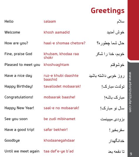 Learn how to greet in the Persian (Farsi) language. Tip: Use the transliteration (in red) to perfect your pronunciation. Farsi Language, Learn Farsi, Persian Alphabet, Learn Persian, Urdu Words With Meaning, Language Urdu, Language Apps, Persian Language, Learn Arabic Online