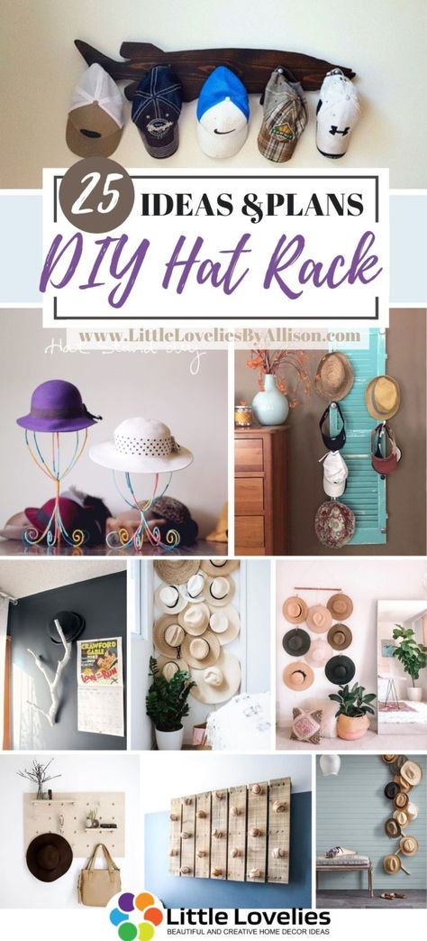 25 DIY Hat Rack Projects That Will Beautify Your Home Diy Hat Hooks, Mens Hat Rack, Diy Hat Holder, Diy Hat Hanger, Diy Hat Display, Diy Push Pins, Baseball Hat Racks, Diy Fascinator, Diy Hat Rack