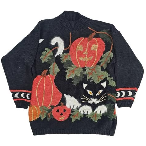 955 Originals Vintage Women's Halloween Sweater... - Depop Halloween Sweater Aesthetic, Halloween Knit Sweaters, Casual Halloween Knit Sweater, Vintage Halloween Sweater, Halloween Sweater Vintage, Cat In A Pumpkin, Halloween Knit, Cat In Pumpkin, Pumpkin Patch Halloween