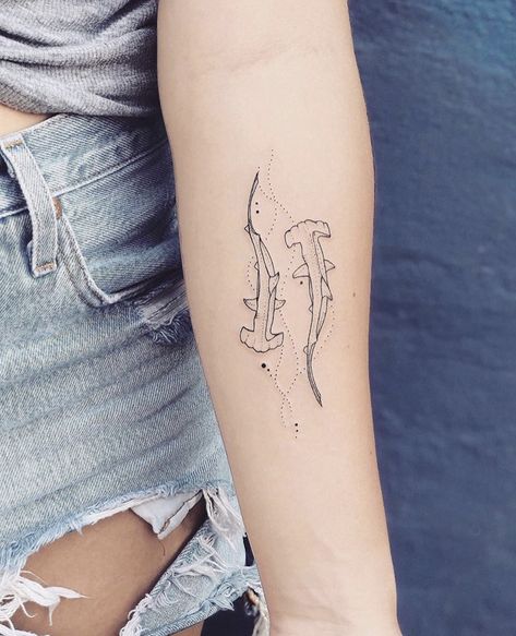 Ocean Related Tattoos For Women, Two Sharks Tattoo, Minimalistic Shark Tattoo, Feminine Shark Tattoo For Women, Marine Tattoos For Women, Shark Tattoo Arm, Shark Back Tattoo, Shark Tattoo Minimalist, Minimalist Shark Tattoo