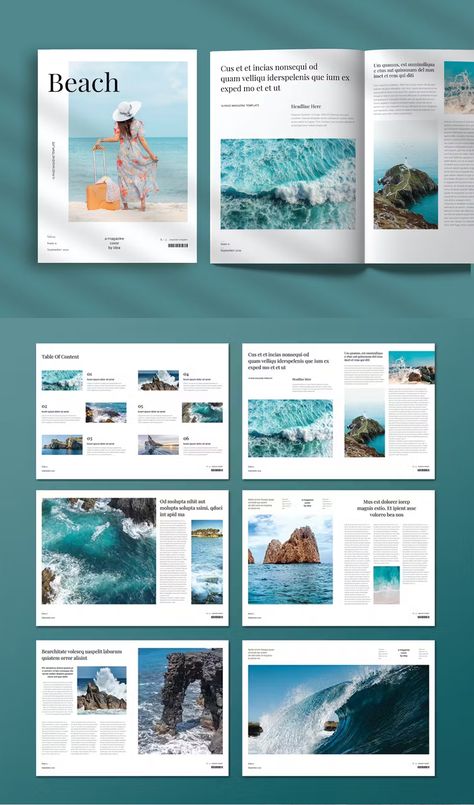 Beach Magazine Layout, Horizontal Magazine Layout, Beach Magazine Cover, Travel Booklet Design, Ocean Magazine, Beach Template, Travel Magazine Cover, Digital Magazine Design, Travel Magazine Design