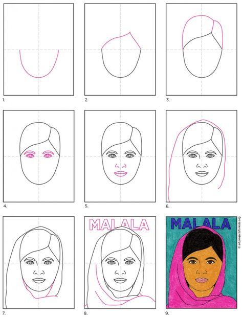 Remarkable Women: How to Draw Malala · Art Projects for Kids Drawing Projects For Kids, I Am Malala, Fruits Drawing, How To Draw Steps, Tutorial Drawing, Malala Yousafzai, Art Projects For Kids, Family Project, Art Attack