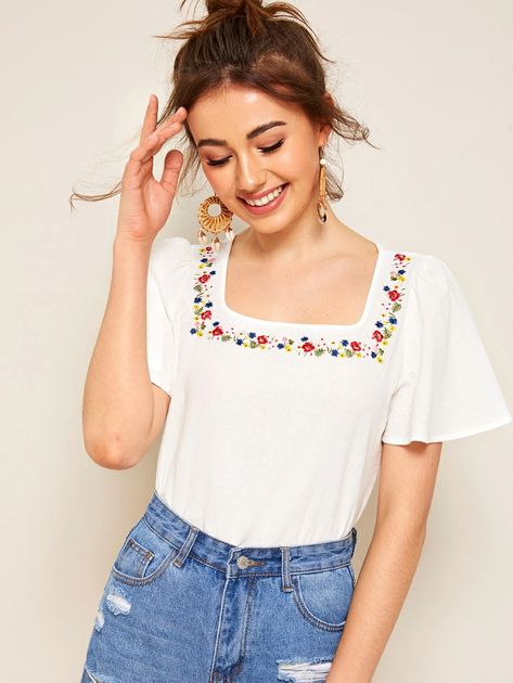 Ladies Stylish Tops, Square Neck Blouse, Pattern Outfits, Crop Top Designs, Floral Squares, Trendy Collection, Women Shirts Blouse, Embroidered Blouse, Embroidered Shirt