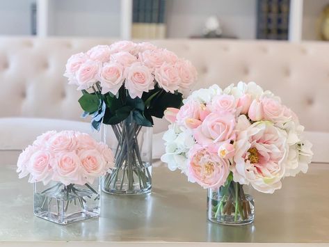 Finest Modern Real Touch Silk Flower Arrangements by flovery Pink Tulips Arrangement, White Hydrangea Centerpieces, Pink Flower Arrangements, Pink Centerpieces, Peony Arrangement, Rose Floral Arrangements, Tulips Arrangement, Rose Flower Arrangements, Hydrangea Centerpiece