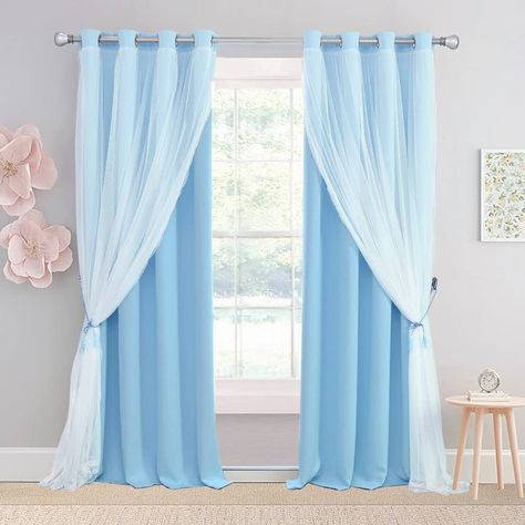 Amazon.com: SOFJAGETQ Light Blue Blackout Curtains 84 inch Length - Double Layers Blue Romantic Curtains with Sheer Overlay, Window Curtains & Drapes for Kids/Girls/Boys Bedroom Living Room Nursery, 2 PCs : Home & Kitchen Blue Curtains Bedroom, Light Blue Curtains, Romantic Curtains, Blue Blackout Curtains, Blackout Panels, Layered Curtains, Makeover Bedroom, Nursery Curtains, Black Dining Room