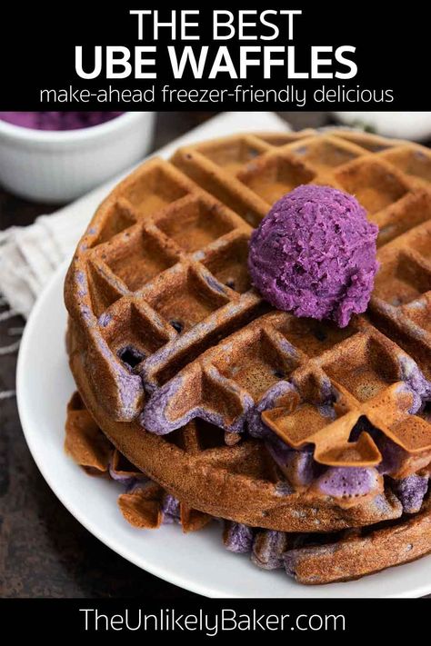 Ube waffles — your favourite buttermilk waffles filled with the wonderful flavours of ube. Crunchy outside, soft inside, it’s a great start to the day. Perfect for special occasions like Thanksgiving and Christmas morning too! Make ahead, freezer-friendly, delicious. Follow along with step-by-step photos. Ube Donut Recipe, Ube Waffles, Ube Cupcake Recipe, Purple Recipes, Croissant Recipes, Crinkles Recipe, Traditional Easter Recipes, Desert Inspiration, Easy Filipino Recipes