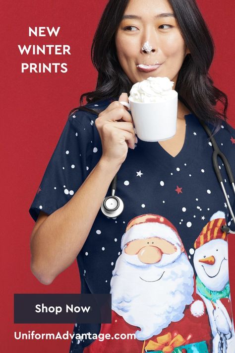 Woman in navy print scrub top with image of santa and a snowman and falling snow and stars holding hot chocolate. Winter Scrubs, Christmas Scrub Tops, Holiday Characters, Scrubs For Women, Christmas Scrubs, Uniform Advantage, Winter Print, Holiday Prints, Christmas Print