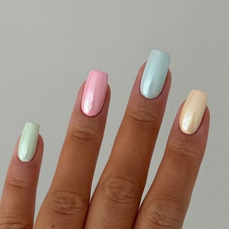 Charlotte Herberts on Instagram: "Spring Please 🌼🌸 @glossifyofficial - Pom Pom, Daffodil, Forget me not, Hibiscus & lunaria @homeofnailart - Clear Mirror Chrome @lucypastorellitools_ @thepromiseringco #pastelnails #chromenails #springnails #longnails #squarenails #spring #pastelnailart" Pastel Easter Nails Chrome, Pastel Chrome Nails, Pastel Spring Nails, Chrome Colors, Pastel Nail Art, Painting Nails, Fall Acrylic, Clear Mirror, Nail Art Pictures