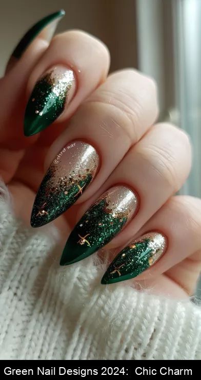 Explore the latest in nail art with these chic green nail designs for 2024! Add a touch of glamour to your style. #nailart #GreenNailDesigns Black Green Gold Nails, Slytherin Nail Art, Packers Nails, Loki Nails, Green And Gold Nail Designs, Prom Nails Green, Constellation Nail Art, Chipped Nails, Green Christmas Nails