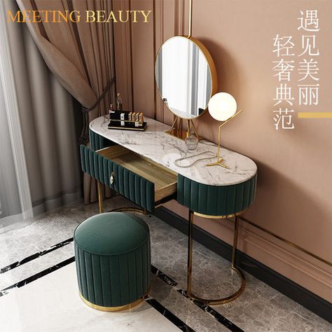 Make Up Tafel, Makeup Vanity Stools, Mirrored Vanity, Nordic Bedroom, Mirrored Vanity Desk, Dressing Table Design, Metal Table Top, White Drawers, Makeup Table