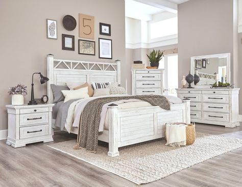 Trina 5 Piece King Poster Bedroom - Kane's Furniture Antique White Bedroom Furniture, Louvered Panels, White Bedroom Set, Queen Poster, Poster Bedroom, White Bedroom Furniture, Bedroom Sets Queen, Weathered White, Coastal Bedroom