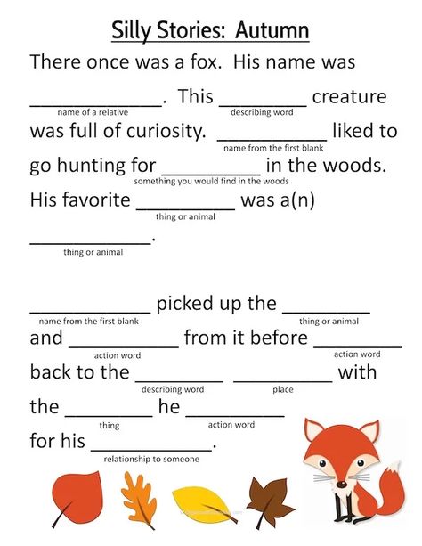 Fall Fill in the Blank Silly Stories - Classroom Freebies Fill In The Blank Story, Fill In The Blanks Story, Silly Stories, Thanksgiving Poems, Thanksgiving Stories, Describing Words, Silly Words, Literature Activities, Longest Word