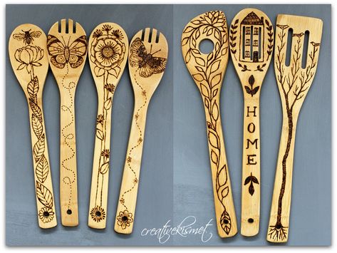 wood burning bamboo spoons | Flickr - Photo Sharing! Beginner Wood Burning, Wood Burn Spoons, Pyrography Designs, Wood Burning Pen, Wood Burn Designs, Pyrography Patterns, Spoon Crafts, Spoon Art, Woodburning Projects