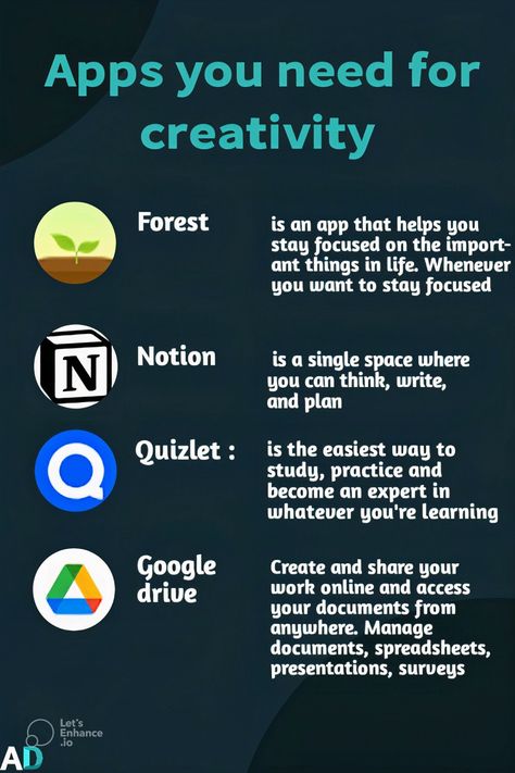 Apps you need for creativity, Forest, Notion, Quizlet, Google Deive Productive Apps For Students, Academic Advice, Helpful Apps For College Students, Apps For Science Students, Folder Names Ideas, Apps Every Student Should Have, Apps For Engineering Students, Productivity Apps For Students, Apps All Students Should Have