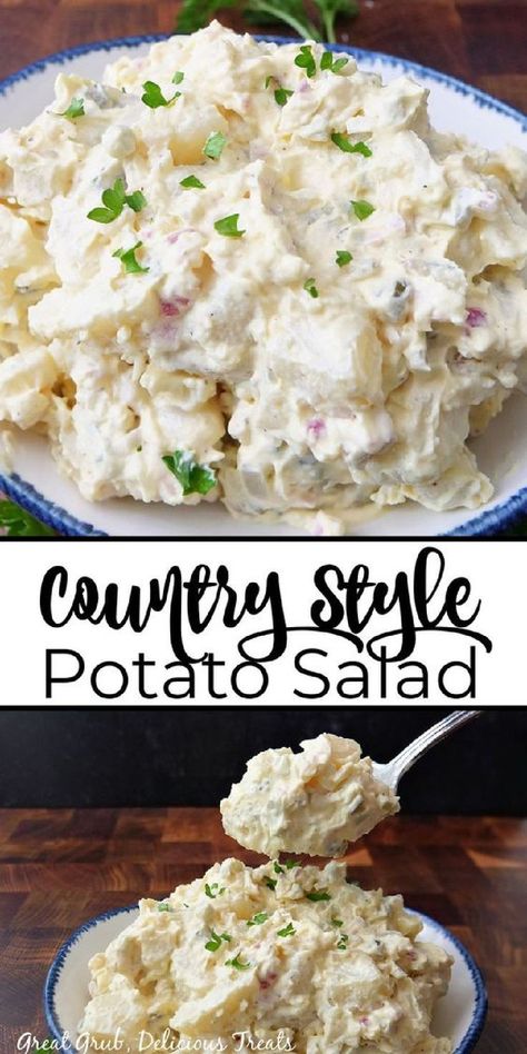 A double photo collage of potato salad on a white plate with blue trim. Whole Hog Potato Salad Recipe, Delicious Potato Salad, Southern Style Potato Salad, Potatoe Salad, Homemade Potato Salads, Southern Potato Salad, Creamy Potato Salad, Potato Salad Recipe, Steak Dinner