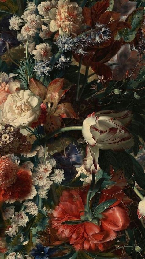 Baroque Art Wallpaper Iphone, Gothic Floral Painting, Rennaisance Paintings Art Wallpaper, Gothic Floral Background, Vintage Art Flowers, Victorian Lockscreen, Vintage Rose Background, Mexican Flower Wallpaper, Dark Cottagecore Wallpaper Iphone