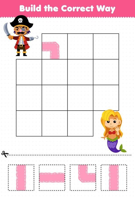 Education game for children build the correct way help cute cartoon pirate captain move to mermaid printable pirate worksheet Cartoon Pirate, Pirate Captain, Game For Children, Vector Sketch, Games For Kids, Cute Cartoon, Vector Free, Mermaid, Sketch