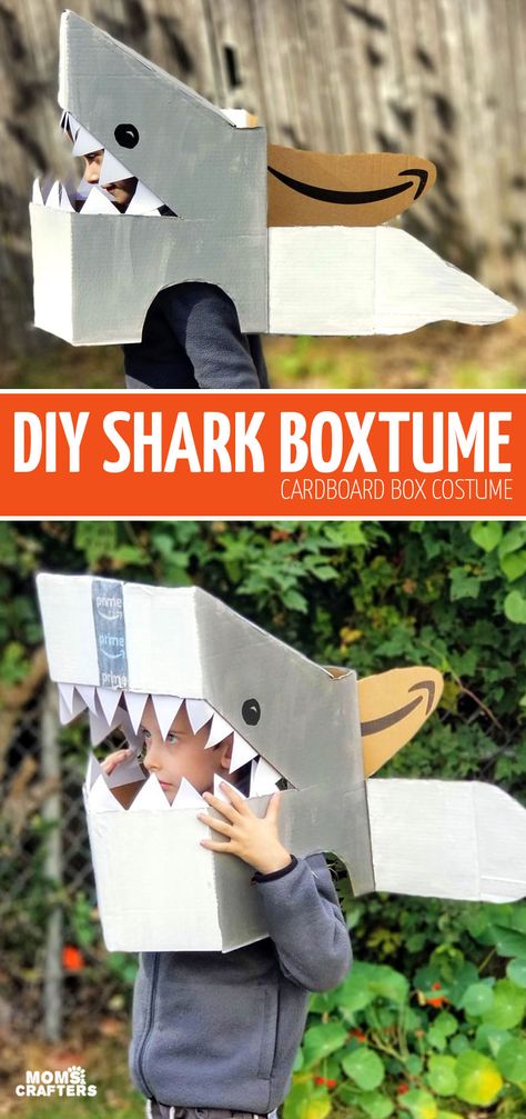 Easy Diy Shark Costume, Easy Shark Costume, Shark Box Craft, Cardboard Shark Head, Shark Costume Diy, Diy Shark Costume, Cardboard Box Costume, Shark Costume Kids, 70s Costumes