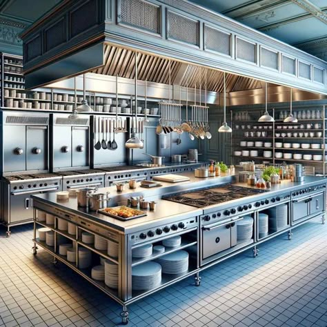 Professional Home Kitchen Design, Modern Restaurant Kitchen Design, Dream Chef Kitchen, Commercial Stove In Home Kitchen, Semi Open Kitchen Restaurant, Fancy Restaurant Kitchen, Counter Service Restaurant Design, Restaurant Style Kitchen At Home, Chefs Kitchen Design Layout