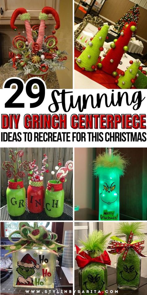 grinch centerpiece ideas Grinch Christmas Decorations Diy, Grinch Centerpiece, Diy Grinch Christmas Decorations, Grinchmas Decorations Diy, Grinchmas Decorations, Christmas Decorations Grinch, Christmas Centerpieces Cheap, Diy Grinch, Christmas Table Decorations Centerpiece