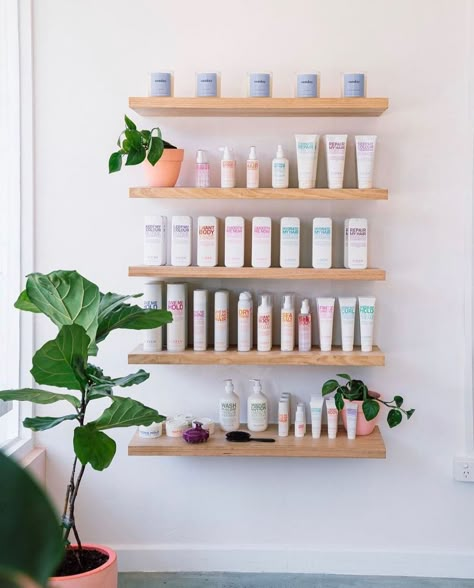 Salon Display Shelves, Retail Shelves Salon, Eleven Australia Products, Product Shelves Salon, Salon Retail Shelves, Salon Bathroom Ideas, Esthetician Photos, Salon Products Display, Salon Retail Display