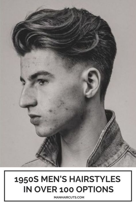 A perfect 1950’s inspired hairstyle for men is this taper hairstyle with a flowy top. Check out this list and get ready to go back in time. #1950smenhairstyle #mentaperfade #menflowhairstyles #menhairstyles #manhaircuts 1950 Mens Hair, Old Fashioned Mens Hairstyles, 50s Haircut Men, 50s Men Hairstyles, 1950s Men’s Hairstyles, Vintage Men’s Haircut, 1950s Mens Hair, 1950 Haircut, Sleek Hairstyles Men