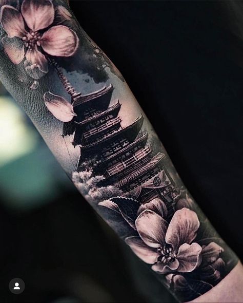 Samurai Sleeve, Dragon Tattoo Forearm, Japanese Temple Tattoo, Japanese Hand Tattoos, Samurai Tattoo Sleeve, Japanese Leg Tattoo, Arm Tattoos For Guys Forearm, Temple Tattoo, Traditional Japanese Tattoo Designs