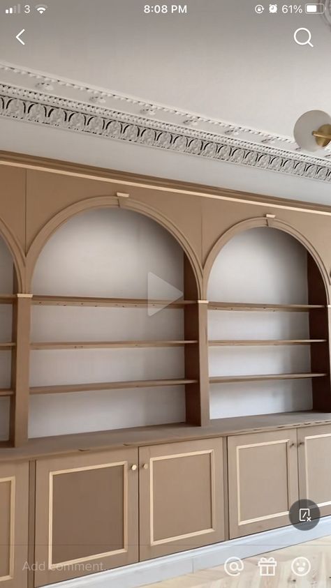 Arch Wall Bar, Arch Top Bookcase, Arched Built In Cabinet, Built In With Arch, Arched Tv Wall, Art Nouveau Library, Arched Library, Arched Closet, Arc Cabinet