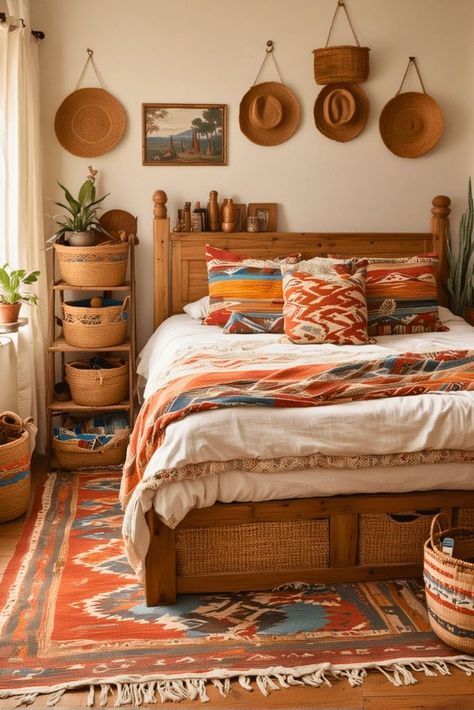 Southwestern Bedroom Ideas, Southwestern Bedroom Decor, Western Bedroom Ideas, Southwest Bedroom, Cottagecore Living Room, Southwestern Interior, Southwestern Bedroom, Mexican Bedroom, Western Bedrooms