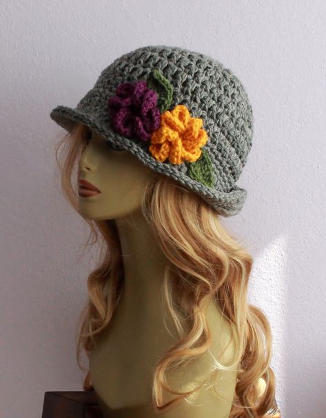 Crochet Hat Women's Cloche Style Hat Flowers Hat Flapper Hat Women Chunky Winter Hat, Brim Hat, Warm Soft Hat, Unique, Chemo Hat Cloche Hats For Women, Bohemian Cloche Hat Made Of Yarn, Crochet Cloche Hat With Brim For Winter, Winter Crochet Brimmed Cloche Hat, Spring Crochet Cloche Hat, Spring Crochet Adjustable Cloche Hat, Chunky Winter Hat, Girls Crochet Hats, Crochet Hat With Brim