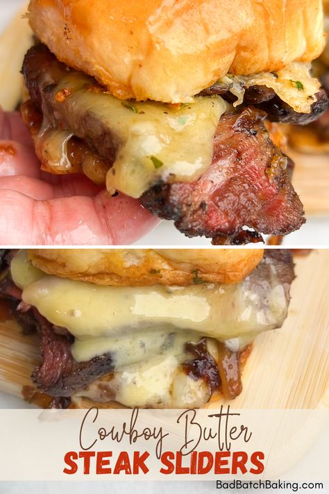 Cowboy Butter Steak Sliders - Bad Batch Baking - Restaurant Copycat Recipes & Family Favorites Steak Sandwich Sliders, Ribeye Steak Sliders, Filet Sliders, Cowboy Butter Steak, Steak Appetizers, Steak Sliders, Monthly Meals, Sunday Dinner Ideas, Cowboy Butter