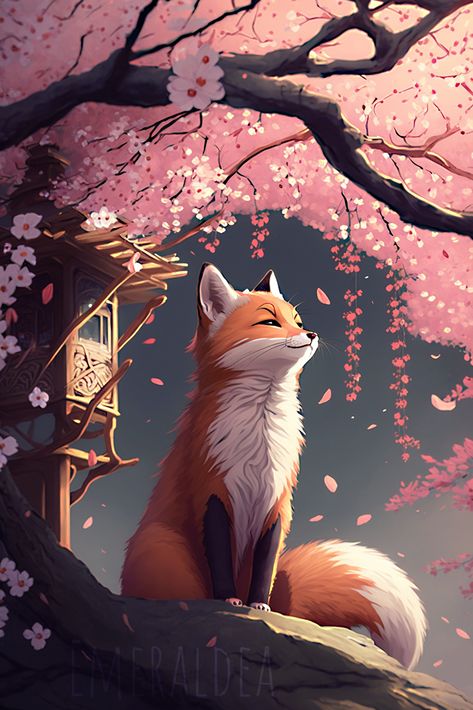 Fox and the Sakura blooming, anime style Anime Fox Animal, Sakura Kitsune, Cartoon Fox Drawing, Fox Fanart, Fox Background, Fox Anime, Wolf Art Fantasy, Cute Fox Drawing, Fox Wallpaper