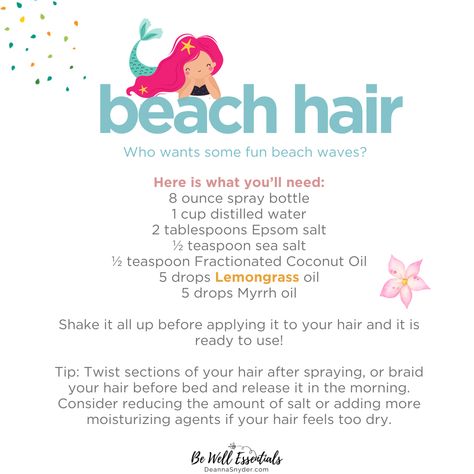 Who wants some fun beach waves?  Commercial sprays often have a long list of unpronounceable ingredients. So try this easy DIY hair spray instead, to help give you those perfect beach waves this summer.  Ready to channel your inner Myrrhmaid? Let me see some of those beachy hair-dos in the comments. Easy Diy Hair, Diy Hair Spray, Braid Your Hair, Perfect Beach Waves, Myrrh Oil, Beachy Hair, Lemongrass Oil, Hair Diy, Fun Beach