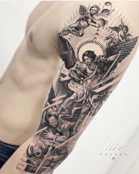 Tattoo Designs In Hand, Simple Ornamental Tattoo, Ornamental Tattoo Design, Angle Tattoo, St Michael Tattoo, 50 Tattoo, Half Sleeve Tattoos Forearm, Archangel Tattoo, Half Sleeve Tattoos Drawings