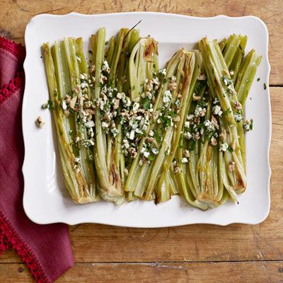 Roasted Celery and Blue Cheese #reinvention #healthyholidays Celery Recipe, Roasted Celery, Blue Cheese Recipes, Celery Recipes, Best Thanksgiving Side Dishes, Healthy Vegetarian Dinner, Vegetarian Dinners, Thanksgiving Sides, Thanksgiving Side Dishes