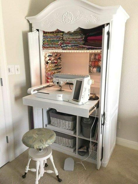 Diy Sewing Cabinet, Sewing Station, Sewing Room Design, Sewing Cabinet, Craft Room Design, Sewing Room Organization, Craft Room Storage, Craft Room Office, Sewing Rooms