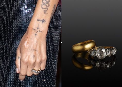 Detail of Zoë Kravitz’s hand and still life of her ring (with a gold band) from The One I Love. Photo Getty and The One I Love Zoe Kravitz Wedding Ring, Zoe Kravitz Jewelry, Zoe Kravitz Engagement Ring, Zoe Kravitz Wedding, Kravitz Zoe, Tattoos Band, Jewelry Tattoos, Tattoo Jewelry, Jessica Mccormack