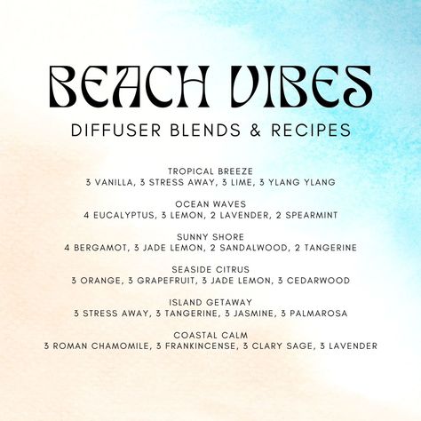 Bring the essence of the beach into your home with these blends that are sure to relax and refresh your senses! Each blend captures the unique and refreshing aromas of the seaside, from the invigorating scent of ocean waves to the calming presence of a serene shoreline. Whether you're looking to relax or energize, these blends will transport you to your favorite coastal retreat! You can also easily transform these blends into roller recipes and sprays. To make a 10mL roller from any recipe:... Scent Profiles, Diy Lotion, Essential Oils Cleaning, Essential Oil Diffuser Recipes, Oil Diffuser Recipes, Diy Body Scrub, Essential Oil Blends Recipes, Diffuser Recipes, Filtered Water